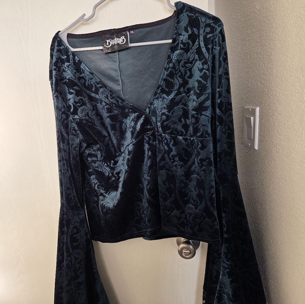 Killstar Dark Green Velvet Bell Sleeve Crop Top